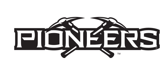 Pioneers wordmark with pickaxes, black/white variant, cell 33