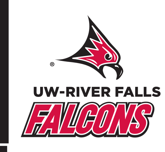 Falcon head with UW-River Falls Falcons wordmark, full color variant, cell 64