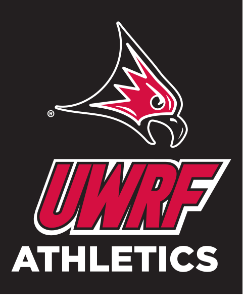 Falcon head with UWRF Athletics wordmark, full color on black variant, cell 72