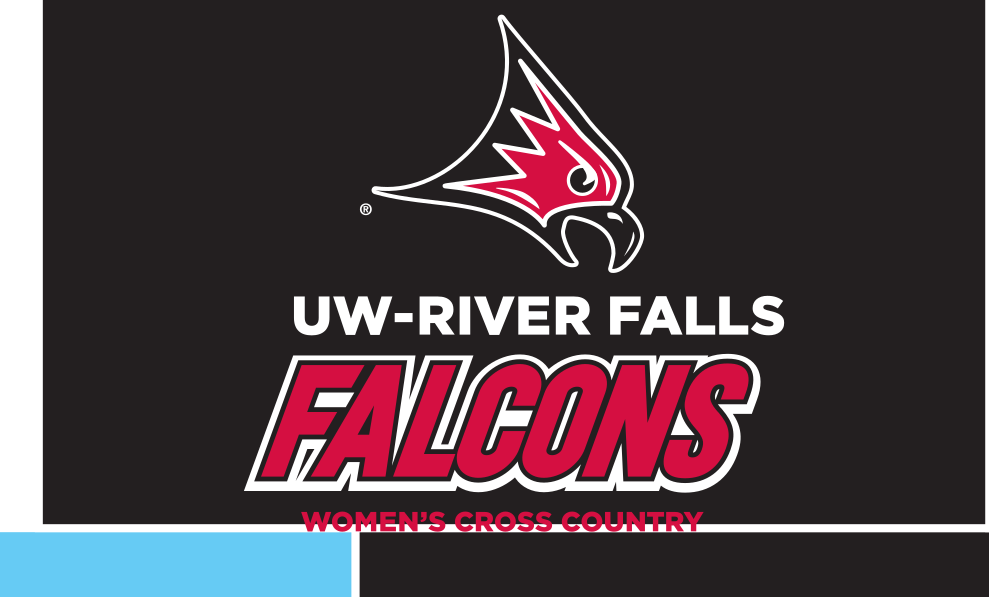 Falcon head with UW-River Falls Falcons and Women's Cross Country, color on black variant, cell 89