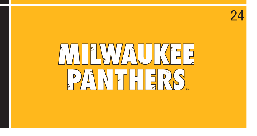 MILWAUKEE PANTHERS wordmark, white/silver on gold variant, cell 24