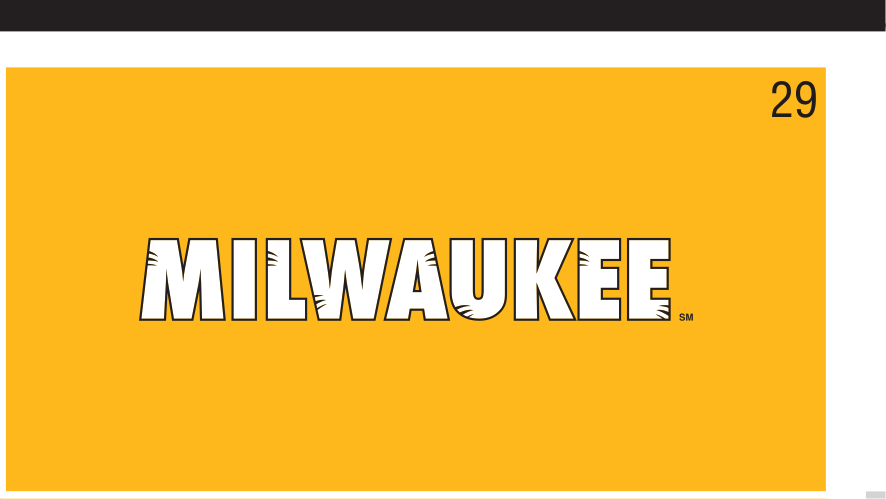 MILWAUKEE wordmark, white with gold outline on gold variant, cell 29