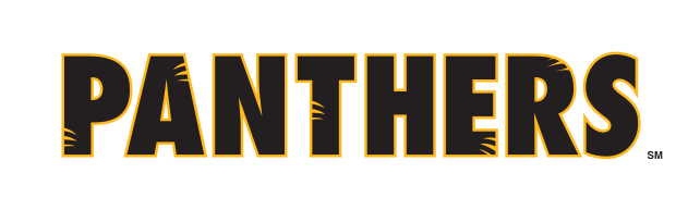 PANTHERS wordmark, black with gold outline variant, cell 31