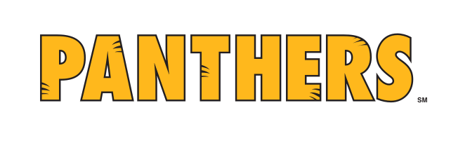 PANTHERS wordmark, gold with black outline variant, cell 32