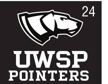 UWSP alternate primary logo stacked, 1-color white on black variant, cell 24