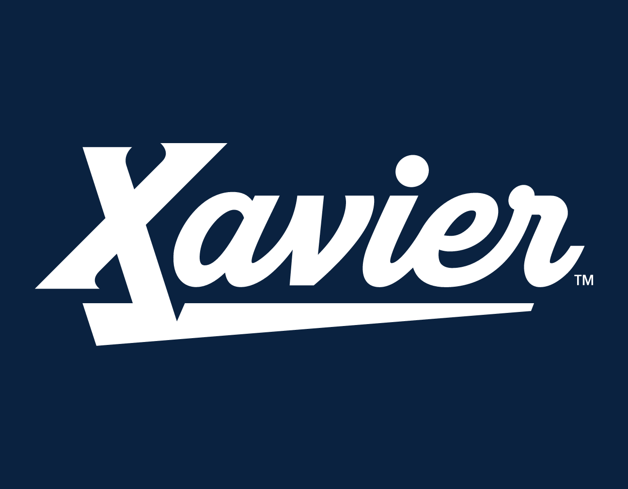 Xavier script wordmark, white knockout variant, cell 128