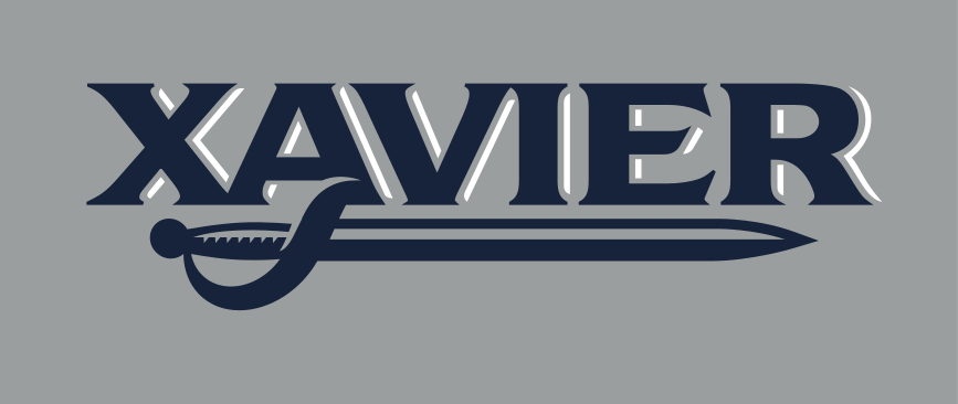 Xavier wordmark with sword, white/blue on grey variant, cell 60
