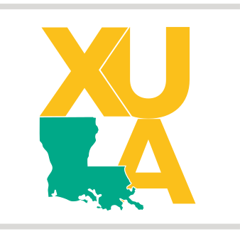 XULA wordmark with map, stacked, color variant, cell 17