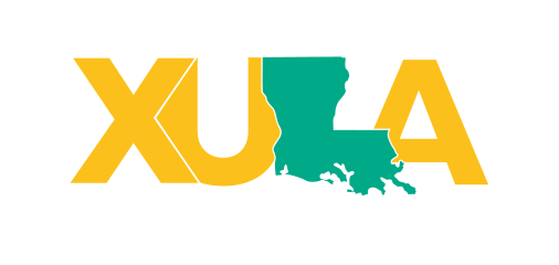 XULA wordmark with map, horizontal, color variant, cell 18
