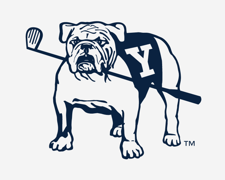 Handsome Dan bulldog with golf club, navy variant