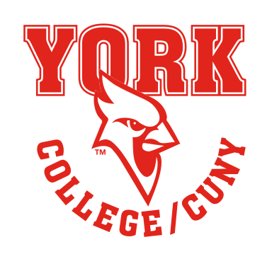York College/CUNY wordmark with mascot, red/white variant, cell 28
