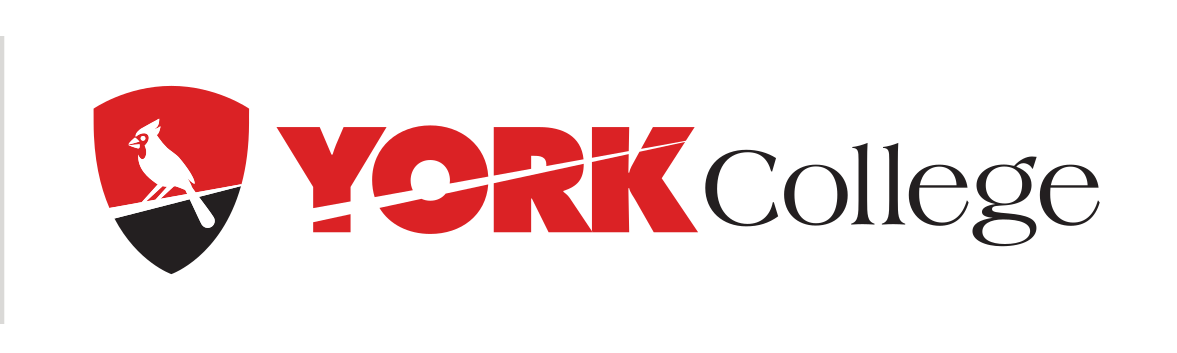 Cardinal shield with YORK College wordmark, red and black variant, cell 40